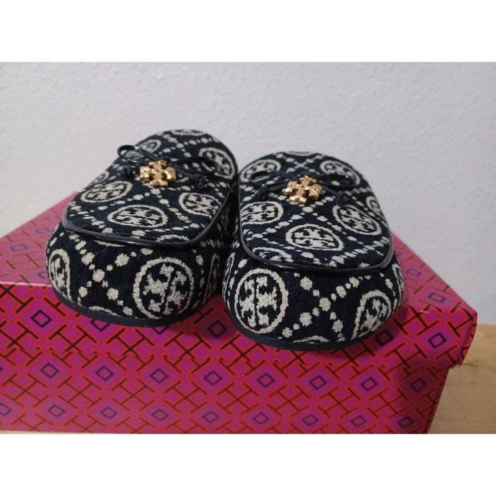 Tory Burch T Monogrammed Tory Charm Mules Clogs Size 9 Black Cream New In Box